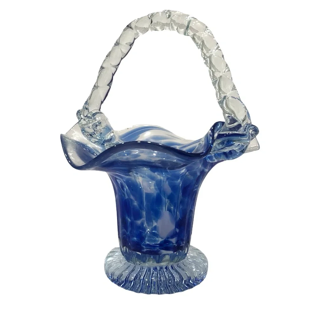 BLUE & CLEAR GLASS BASKET WITH RUFFLED WAVY EDGES